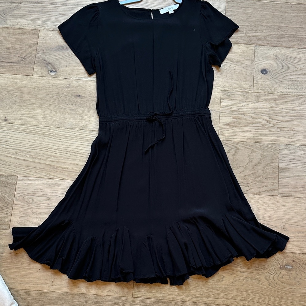 LOFT Black Short-Sleeve Ruffle-Hem Midi Dress
